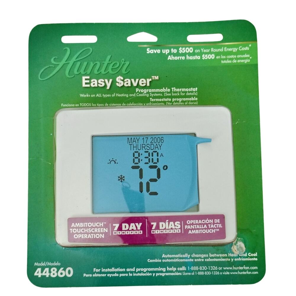 Hunter Programmable Thermostat White Model 44860 Heat Cool Digital New Open Box